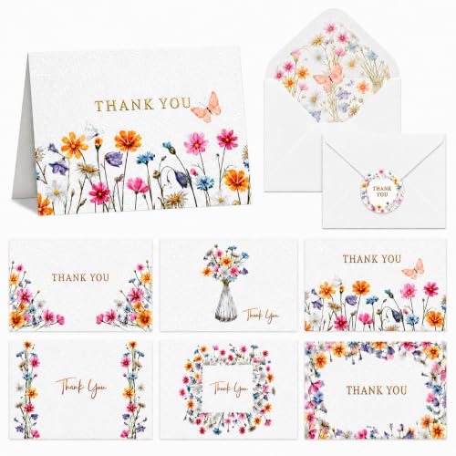 Racrico 60 Floral Thank You Cards with Envelopes - Bulk Set