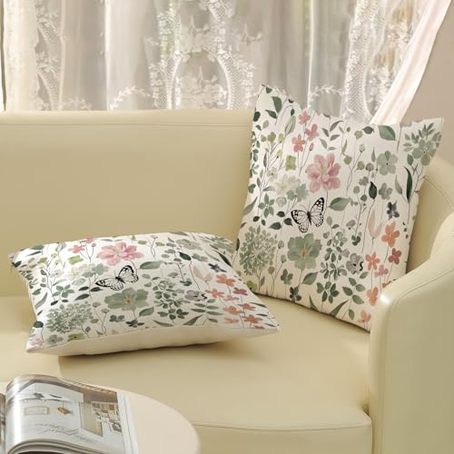 Spring Floral Pillow Covers 18x18 - Set of 2 Botanical Linen Cushions