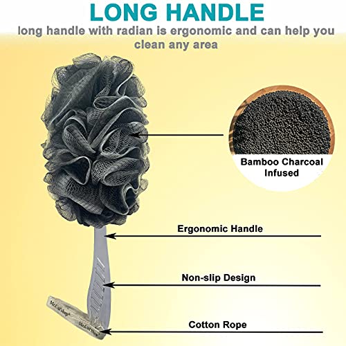 Charcoal Fiber Exfoliating Back Scrubber with Long Handle – 18in Shower Loofah