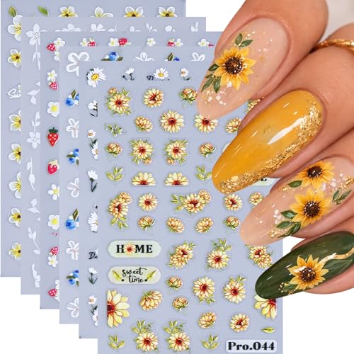 5D Floral & Fruit Nail Art Stickers - 6 Self-Adhesive Sheets