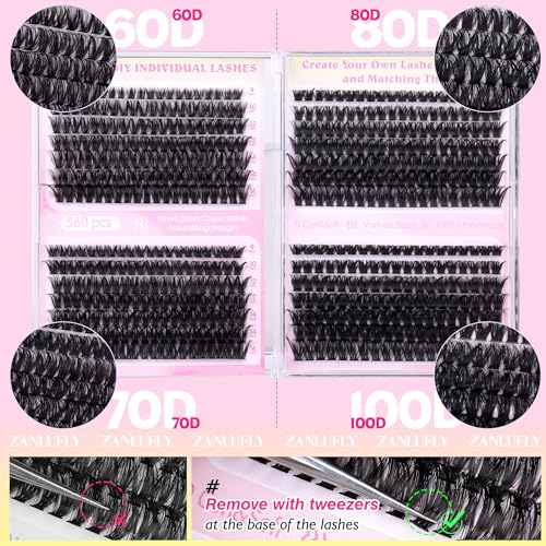 Zanlufly 560 Pcs Lash Clusters D-Curly Volume Eyelash Extensions DIY Natural & Thick