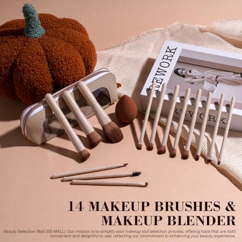 BS-MALL 14 Pcs Makeup Brushes Set with Travel Case - Beige