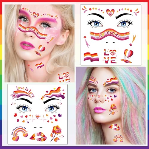 HOWAF 12pcs LGBTQ Pride Glitter Face Tattoos for Pride Month & Parades