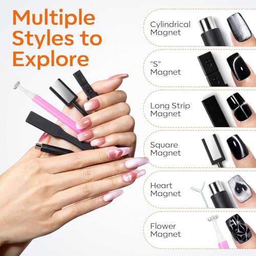 modelones Cat Eye Magnet Set, 15PCS Multi-Shape Nail Magnet for Cateye Gel Polish, Heart Moon Flower Square Effects with Bead-Attracting Nail Art Tool, UV/LED Lamp Required, DIY Nail Art