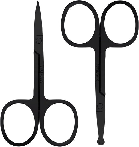 Eyebrow Scissors - 2 Pcs Professional Stainless Steel Grooming Scissors for Men & Women | Rounded Tip, Black
