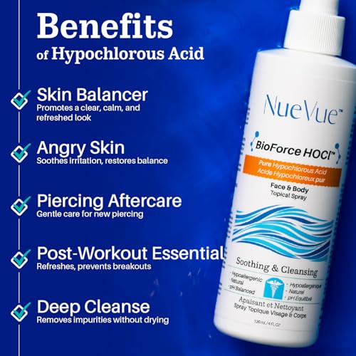NueVue Hypochlorous Acid Face & Body Spray - Gentle Skin Cleanser & Toner, pH Balanced, 4 oz