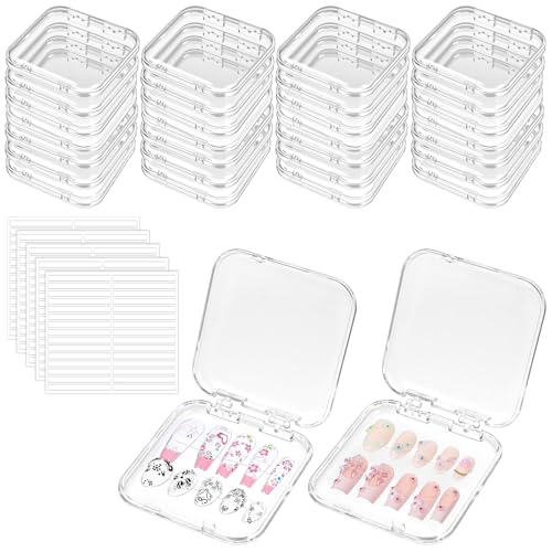 30 PCS Clear Press-On Nail Storage Boxes with Adhesive Tape for Nail Art