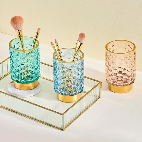 Pink Multifunctional Glass Brush Holder & Toothbrush Cup with Gold Base