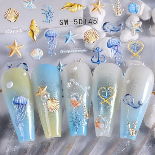 Jaliya 5D Embossed Ocean Nail Stickers - Summer Beach Shell & Sea Animal Decals