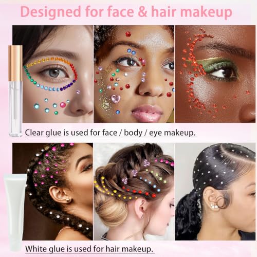 LOIKMIUP Gems with Pearl - Half Round Nail & Face Rhinestones with Makeup Glue, Festival & Party Face Gems