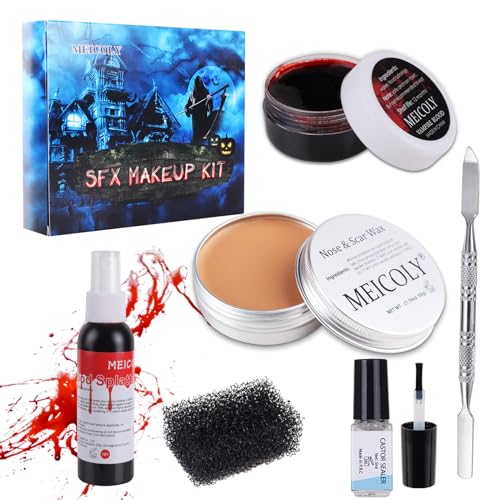 MEICOLY SFX Makeup Kit 02: Realistic Scar Wax, Fake Blood & Stipple Sponge