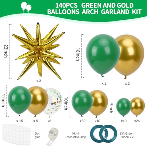 Green and Gold Balloon Garland Arch Kit - 140pcs Latex Balloons