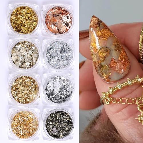 8 Bottles Gold Foil Nail Glitter Flakes for DIY Nail Art