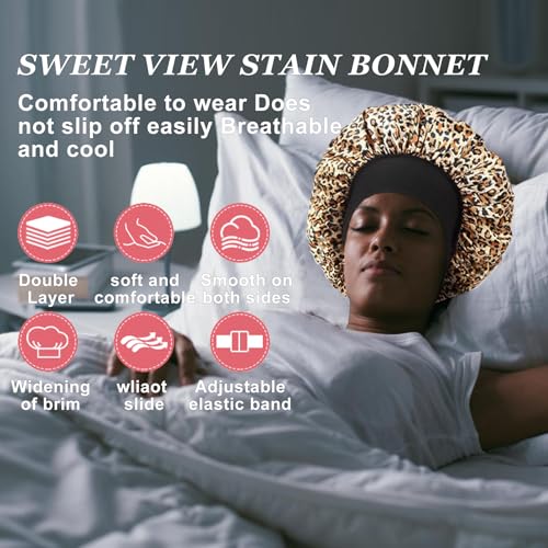 FIRSTPELLA 4PCS Silk Hair Bonnet Set for Sleeping & Shower, Elastic Wide Band, Black, Red, Purple & Leopard Print