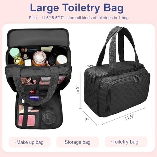 SMONT 11.5" Large Travel Toiletry Bag for Women, Waterproof Makeup & Cosmetic Organizer, Black
