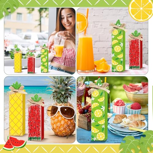 Summer Fruit Table Decor Set - 3 Rustic Wood Blocks for Kitchen