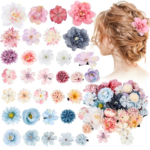 32 Pcs Handmade Flower Hair Clips - Pink & Blue Rose Barrettes