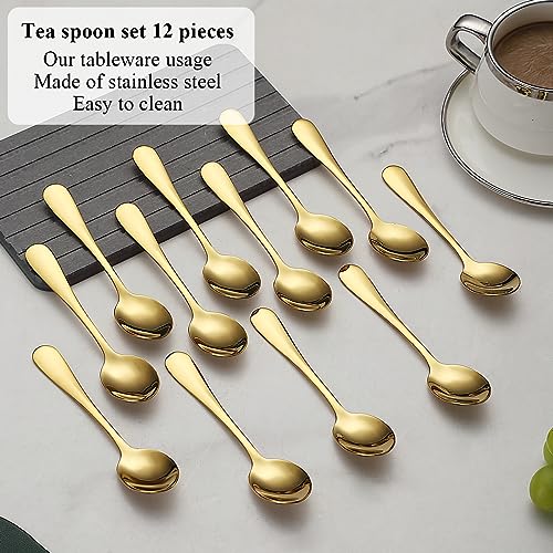 Evanda 12-Piece Gold Stainless Steel Teaspoon Set - Dishwasher Safe