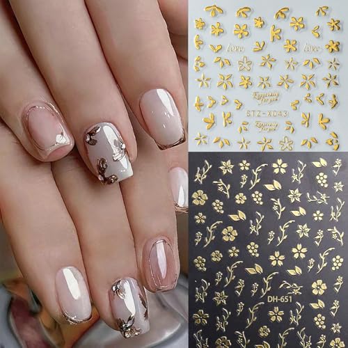 TOGZOM Style5 Gold Flower Leaf Nail Art Stickers 3D Self-Adhesive Decals for Women