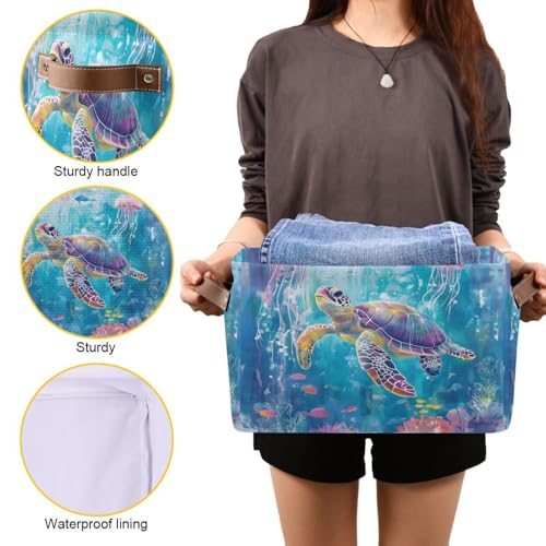Foldable Storage Basket with Handles - Watercolor Turtle & Jellyfish Design