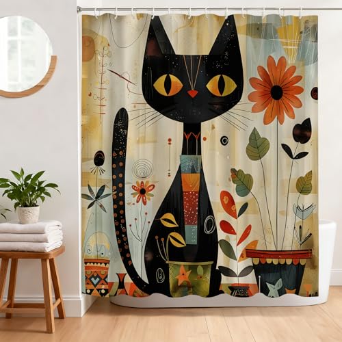 Black Cat Shower Curtain - Boho 72x72 Inch Waterproof Bath Decor
