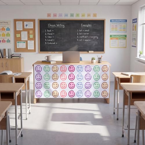 Pastel Smile Teacher Desk Skirt 72" x 30" for Classroom Decor