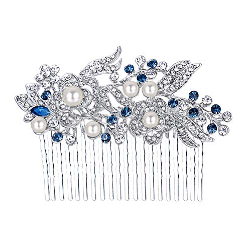 Ever Faith Wedding Side Comb with Rhinestones & Pearls - Blue Silver-Tone Bridal Hair Accessory