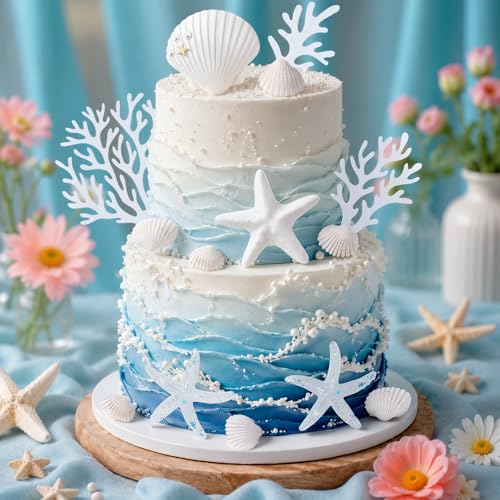 Ocean-Themed Cake Toppers Set - 20pcs Seashells & Starfish Decorations