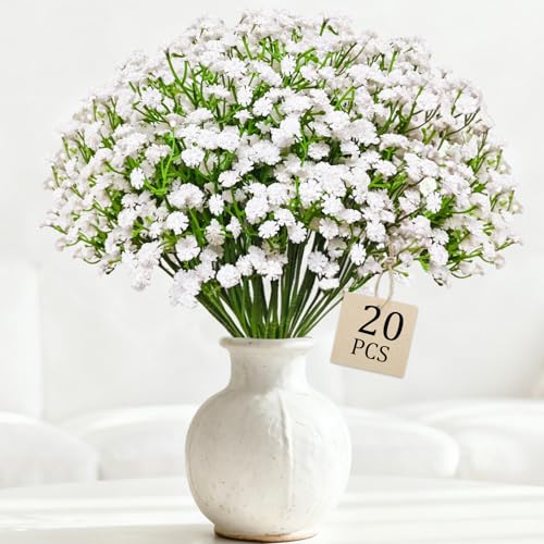 20 Pcs Real Touch Baby's Breath Artificial Flowers - White Faux Floral Arrangements for Weddings, Parties, Home Decor