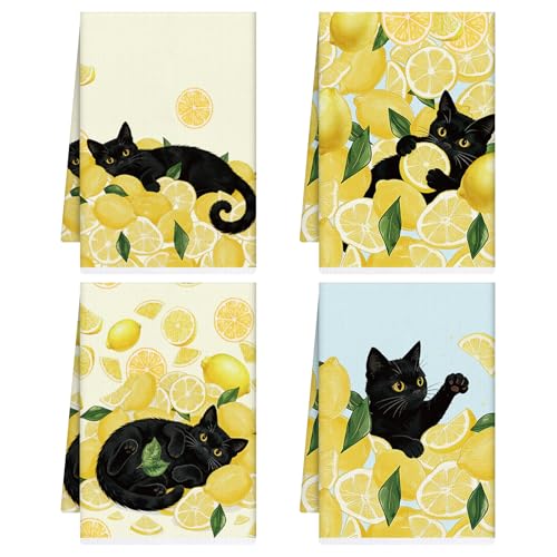 Black Cat Lemon Kitchen Towels Set of 4 | Microfiber, 16x24 Inch