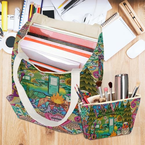 Camper Van 0921 Canvas Tote & Cosmetic Bag Set - Durable Beach Bag for Women