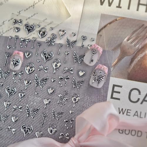 Rdntbeu 5D Embossed Nail Art Stickers Style-28 Self-Adhesive Hearts & Butterflies Goth Design
