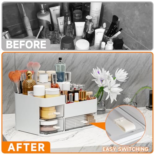 SuoXing Large White Makeup Organizer with 3 Drawers & Top Compartments