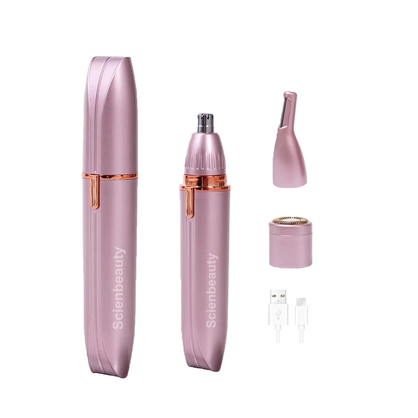 Scienbeauty Nose Ear Hair Trimmer Facial & Eyebrow Hair Remover for Women, 3 in 1 USB Rechargeable Painless Hair Removal Kit with 3 Replaceable Rinseable Grooming Heads