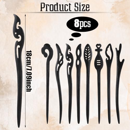 8-Pack Vintage Wooden Hair Sticks for Long Hair Buns
