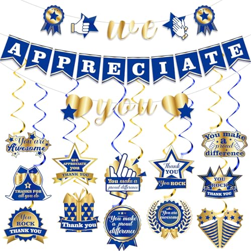 We Appreciate You Banner Decorations - Blue Gold Party Streamers