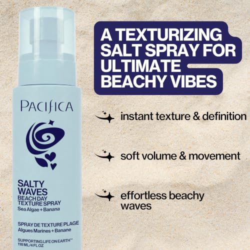 Pacifica Salty Waves Beachy Spray with Coconut - Sea Salt Hair Texturizer, 4oz - Lightweight Vegan Beach Waves