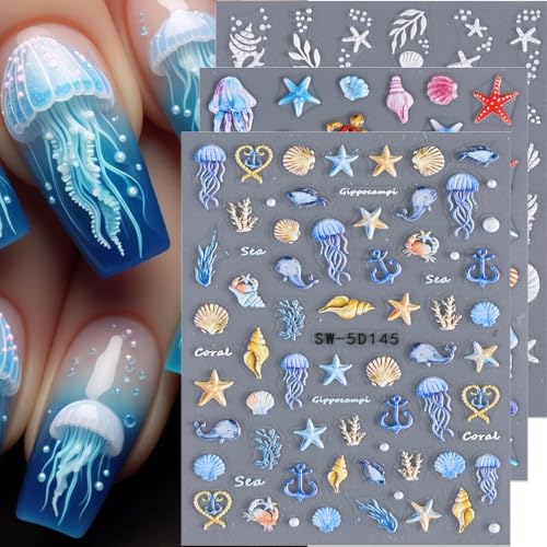 Jaliya 5D Embossed Ocean Nail Stickers - Summer Beach Shell & Sea Animal Decals