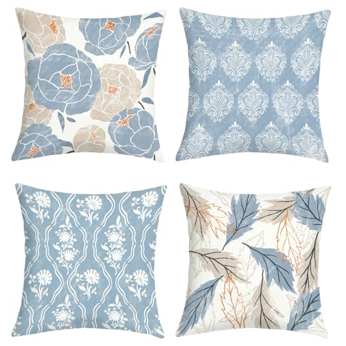 Vintage Blue Floral Throw Pillow Cushion Covers - Set of 4, 18x18