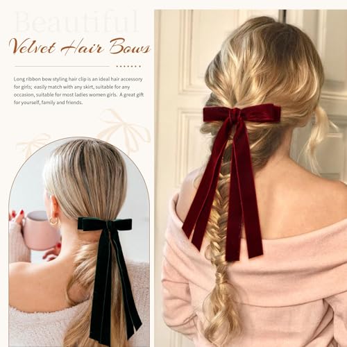 VOBOBE 4PCS Velvet Hair Bows for Girls & Women with Long Tails - Black, Red, Green, Navy