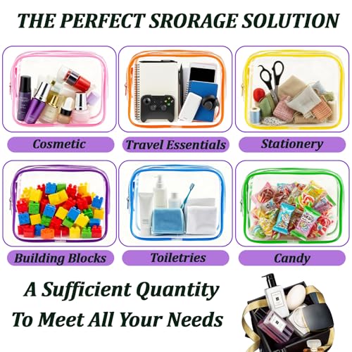 6 Multicolor Clear Makeup Bags - TSA Approved Travel Toiletry Pouches