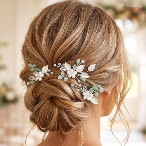 Pearl Wedding Hair Pins with Green Leaf Design - Pack of 3