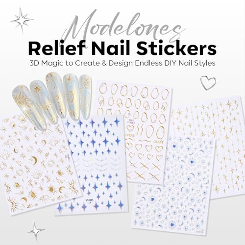 Modelones 3D Nail Stickers - Gold & Laser Heart Designs (5 Pcs)