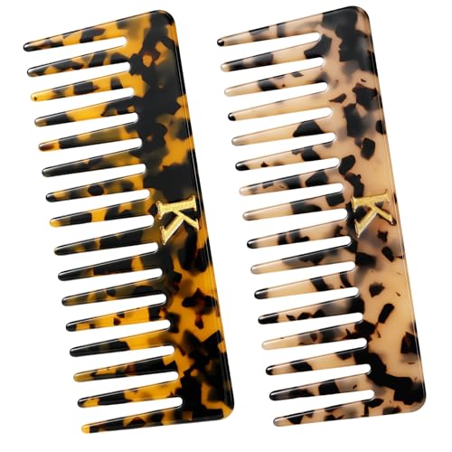 Auseibeely 2 Pack Large Wide Tooth Hair Comb with Initial K - Tortoise Cellulose Acetate, Detangler for Thick Curly Wet & Dry Hair