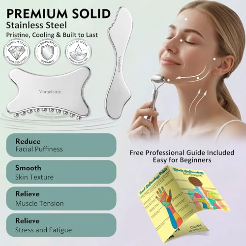 Vornelatrix 3-in-1 Stainless Steel Face Roller & Gua Sha Sculpting Set