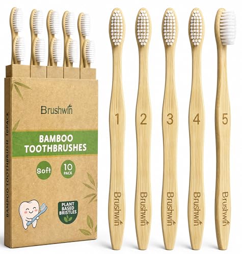 BRUSHWIN 10-Pack Bamboo Toothbrushes, Soft Plant-Based Bristles Eco-Friendly