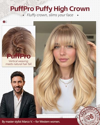 Honey Cream Blonde 22'' PuffPro Layered Wig with Bangs, Realistic Scalp - ShineDiary Mob Wife Aesthetic