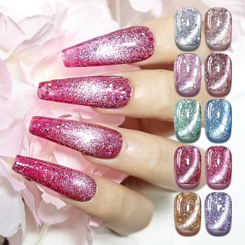 JODSONE Cat Eye Gel Nail Polish Set - 10 Holographic Colors + Base & Top Coat