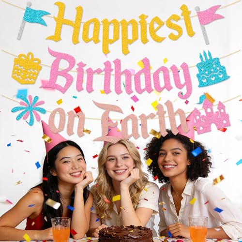 Happiest Birthday on Earth Banner - Colorful Princess Party Decor