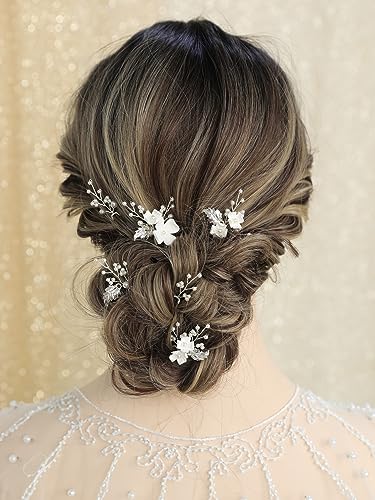 Silver Pearl Flower Bridal Hair Pins - 6 Pcs Wedding Accessories